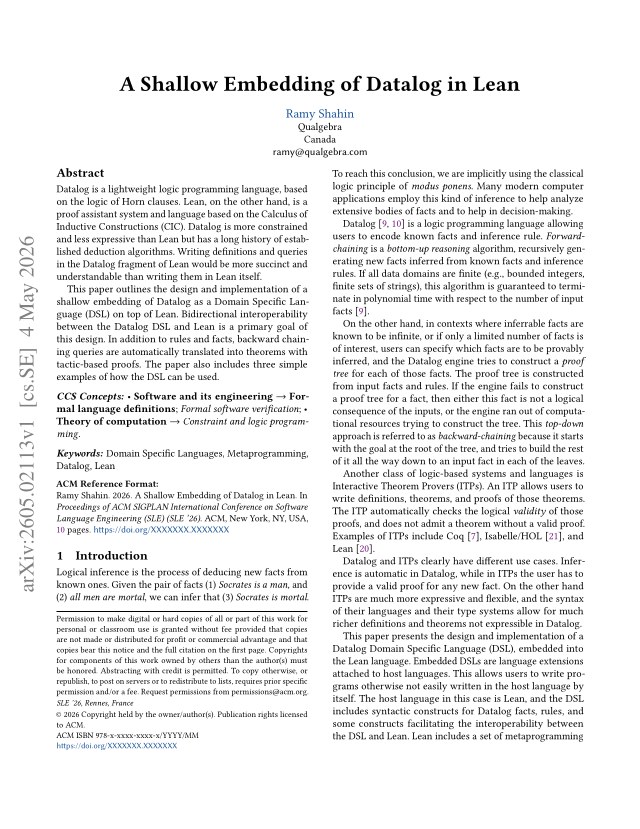 First page of A Shallow Embedding of Datalog in Lean