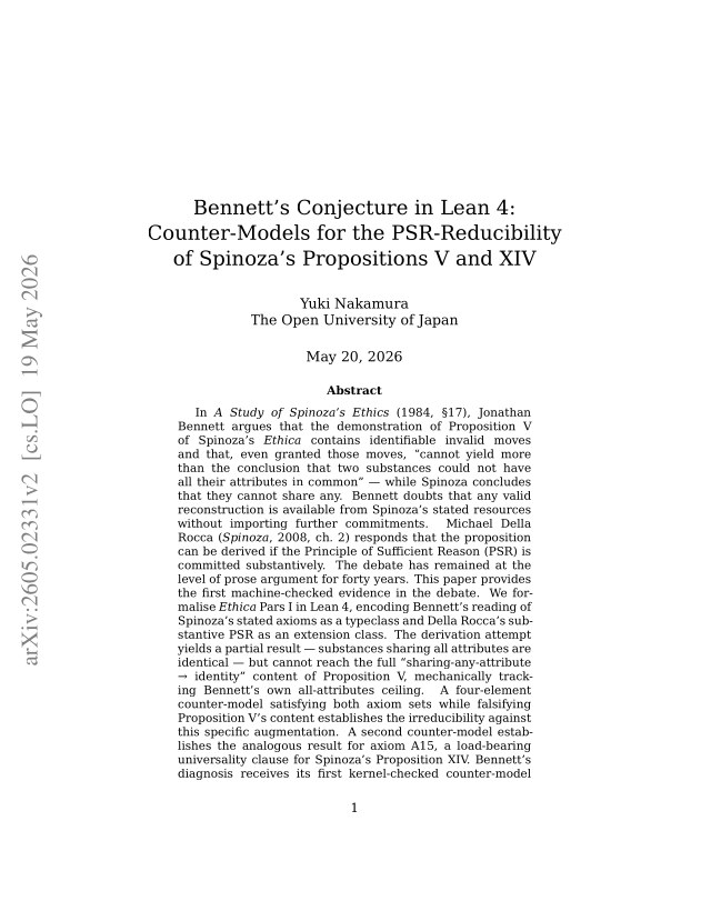 First page of Bennett's Conjecture in Lean 4: Counter-Models for the PSR-Reducibility of Spinoza's Propositions V and XIV