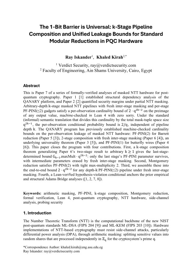 First page of The 1-Bit Barrier is Universal: k-Stage Pipeline Composition and Unified Leakage Bounds for Standard Modular Reductions in PQC Hardware