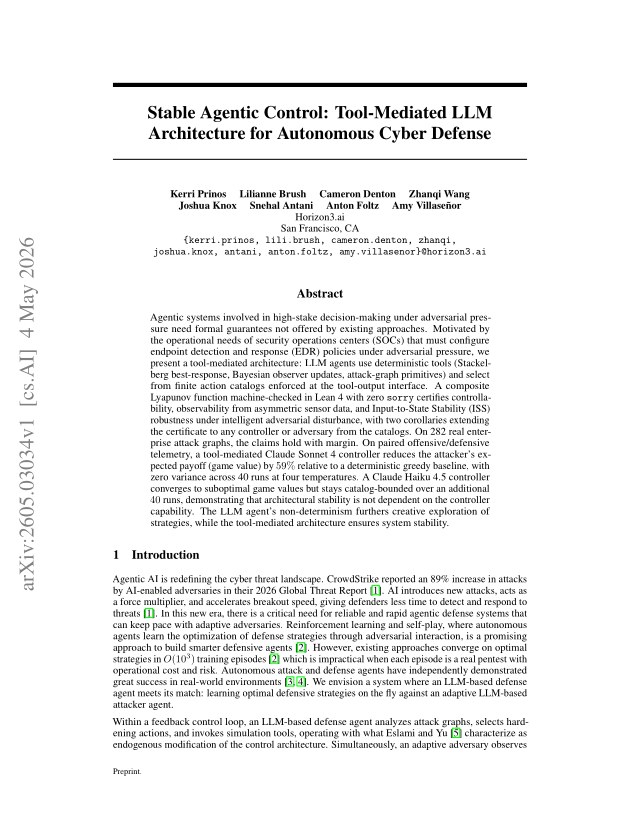 First page of Stable Agentic Control: Tool-Mediated LLM Architecture for Autonomous Cyber Defense