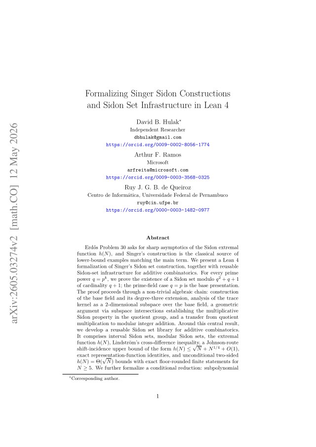 First page of Formalizing Singer Sidon Constructions and Sidon Set Infrastructure in Lean 4