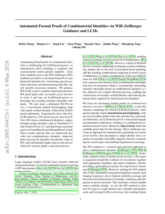First page of Automated Formal Proofs of Combinatorial Identities via Wilf-Zeilberger Guidance and LLMs
