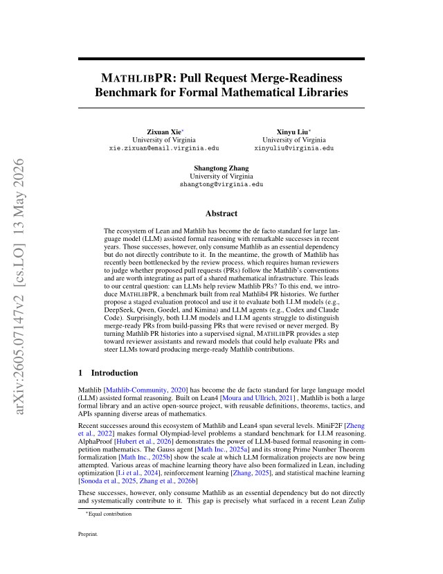 First page of MathlibPR: Pull Request Merge-Readiness Benchmark for Formal Mathematical Libraries