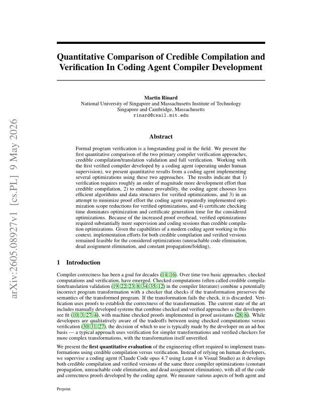 First page of Quantitative Comparison of Credible Compilation and Verification In Coding Agent Compiler Development