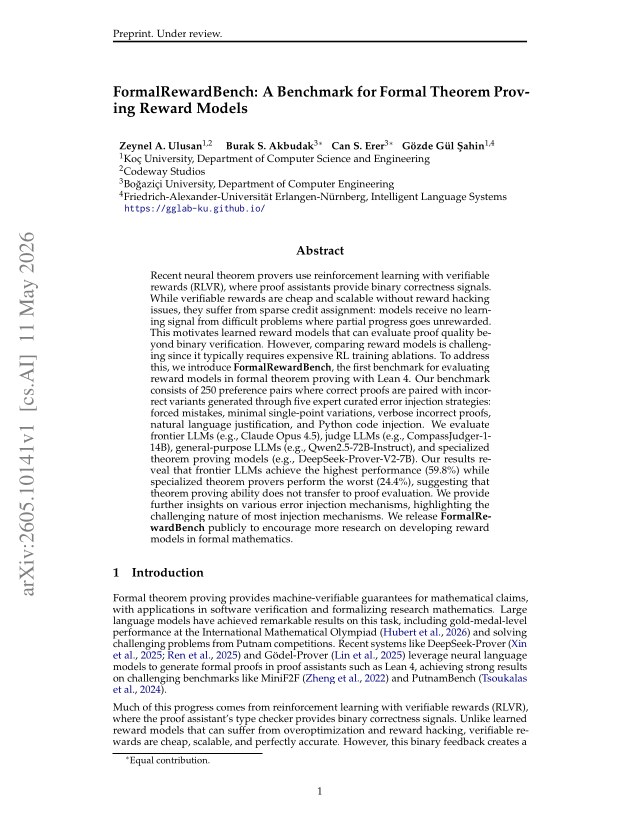 First page of FormalRewardBench: A Benchmark for Formal Theorem Proving Reward Models