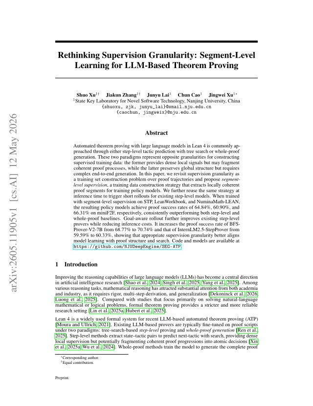 First page of Rethinking Supervision Granularity: Segment-Level Learning for LLM-Based Theorem Proving