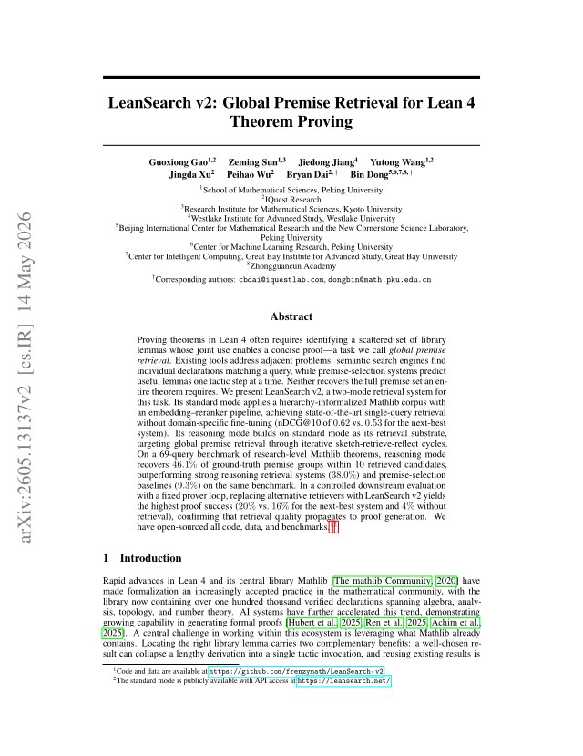 First page of LeanSearch v2: Global Premise Retrieval for Lean 4 Theorem Proving