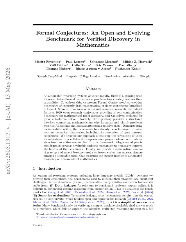 First page of Formal Conjectures: An Open and Evolving Benchmark for Verified Discovery in Mathematics