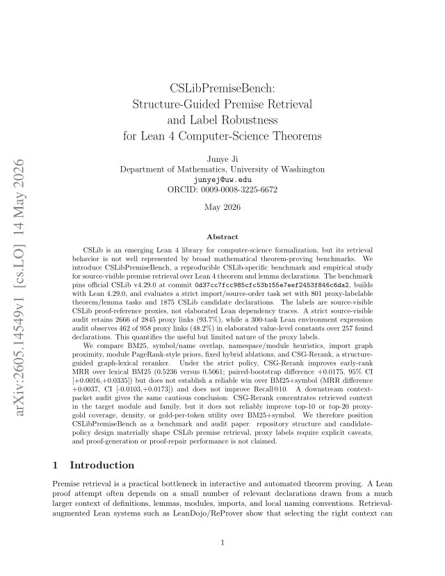 First page of CSLibPremiseBench: Structure-Guided Premise Retrieval and Label Robustness for Lean 4 Computer-Science Theorems