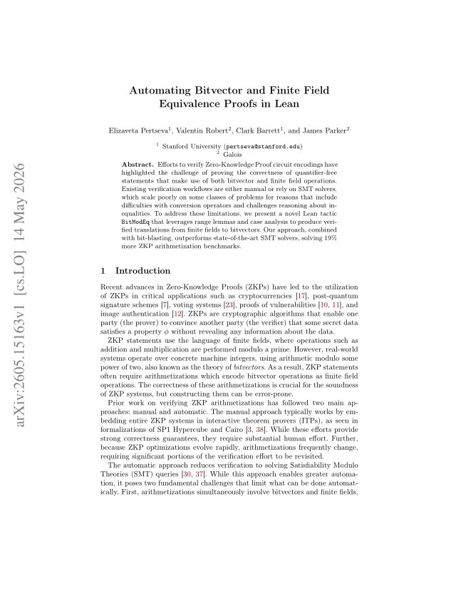 First page of Automating Bitvector and Finite Field Equivalence Proofs in Lean