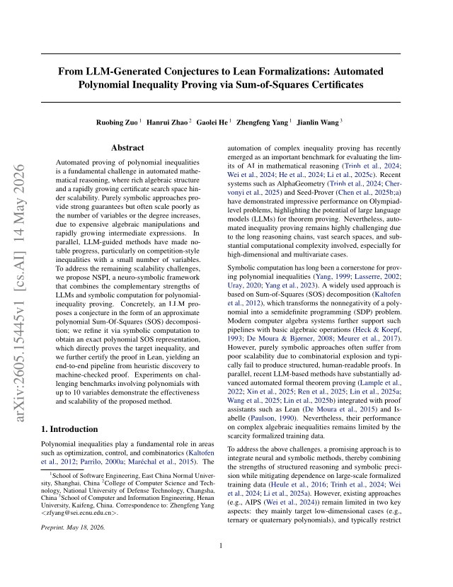 First page of From LLM-Generated Conjectures to Lean Formalizations: Automated Polynomial Inequality Proving via Sum-of-Squares Certificates