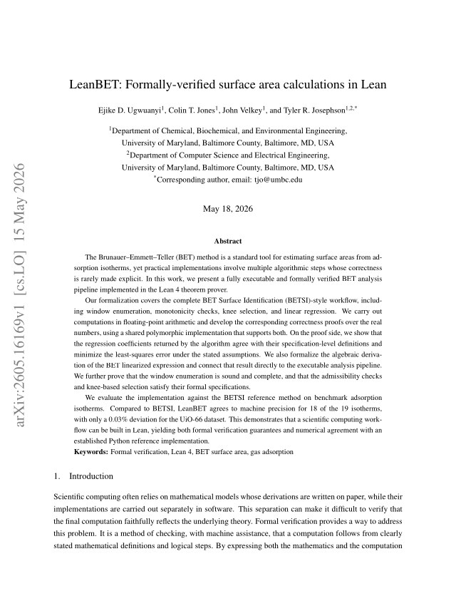 First page of LeanBET: Formally-verified surface area calculations in Lean