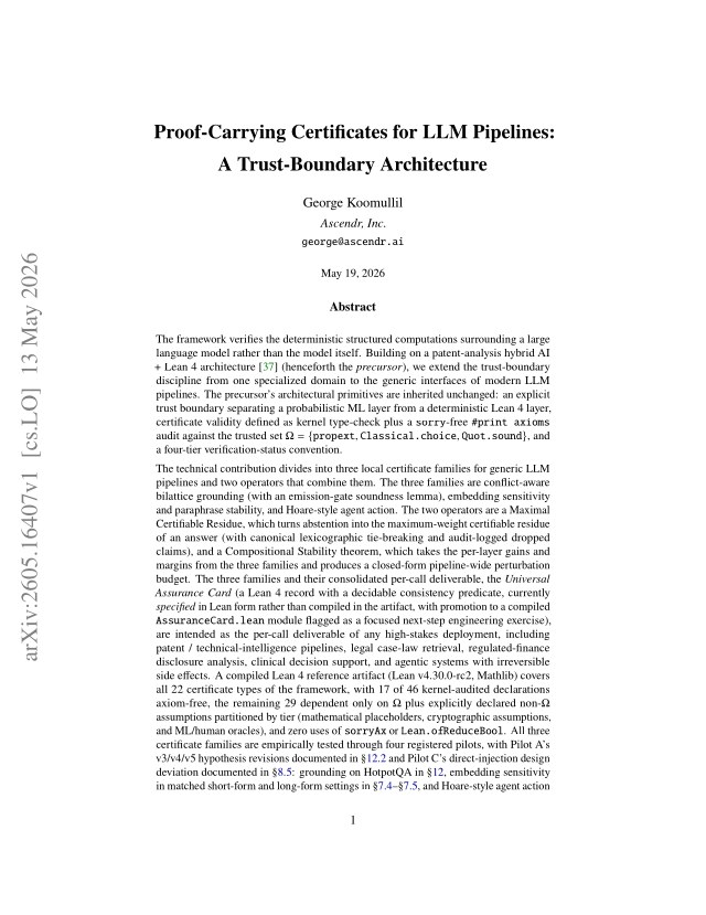 First page of Proof-Carrying Certificates for LLM Pipelines: A Trust-Boundary Architecture