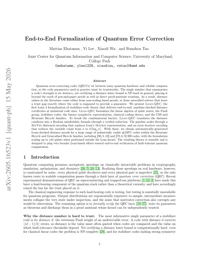 First page of End-to-End Formalization of Quantum Error Correction