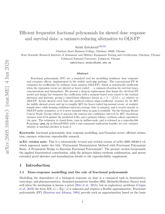 First page of Efficient frequentist fractional polynomials for skewed dose-response and survival data: a variance-reducing alternative to OLS-FP