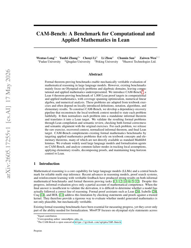 First page of CAM-Bench: A Benchmark for Computational and Applied Mathematics in Lean