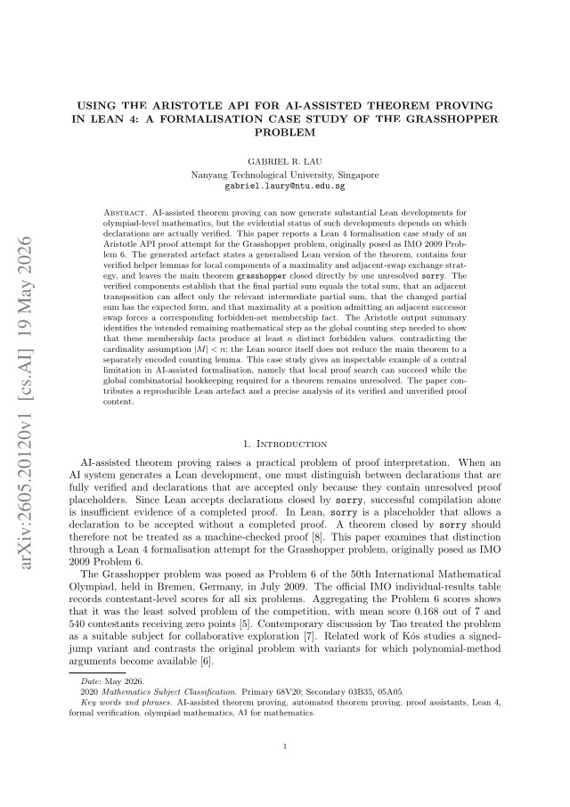 First page of Using Aristotle API for AI-Assisted Theorem Proving in Lean 4: A Formalisation Case Study of the Grasshopper Problem