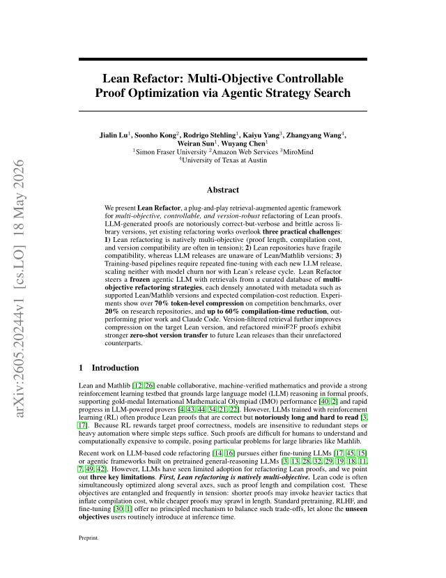 First page of Lean Refactor: Multi-Objective Controllable Proof Optimization via Agentic Strategy Search