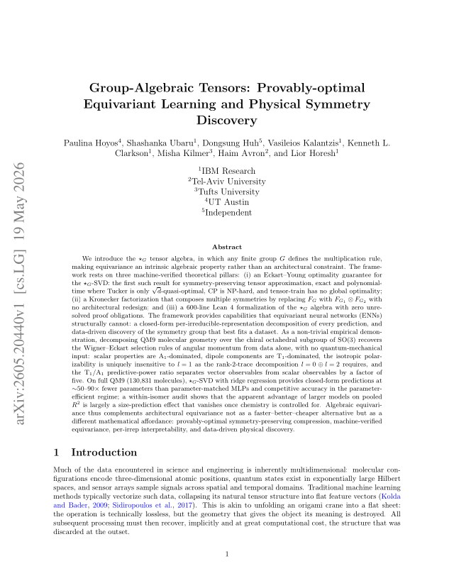 First page of Group-Algebraic Tensors: Provably-optimal Equivariant Learning and Physical Symmetry Discovery