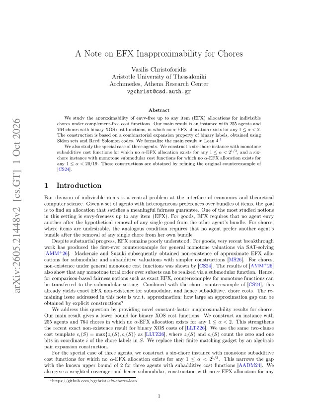 First page of A Note on EFX Inapproximability for Chores
