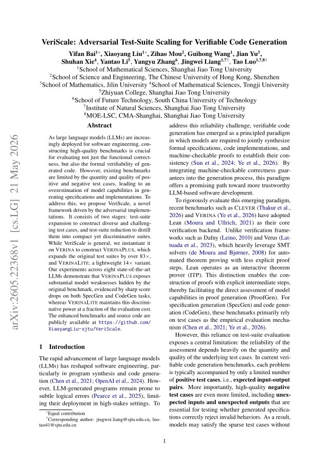 First page of VeriScale: Adversarial Test-Suite Scaling for Verifiable Code Generation