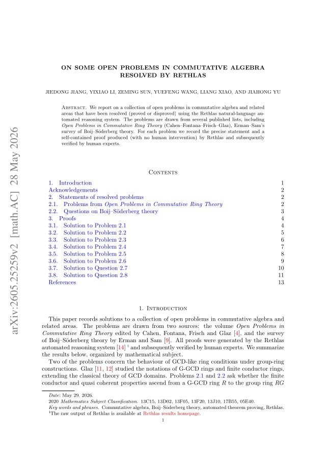First page of On some open problems in commutative algebra resolved by Rethlas