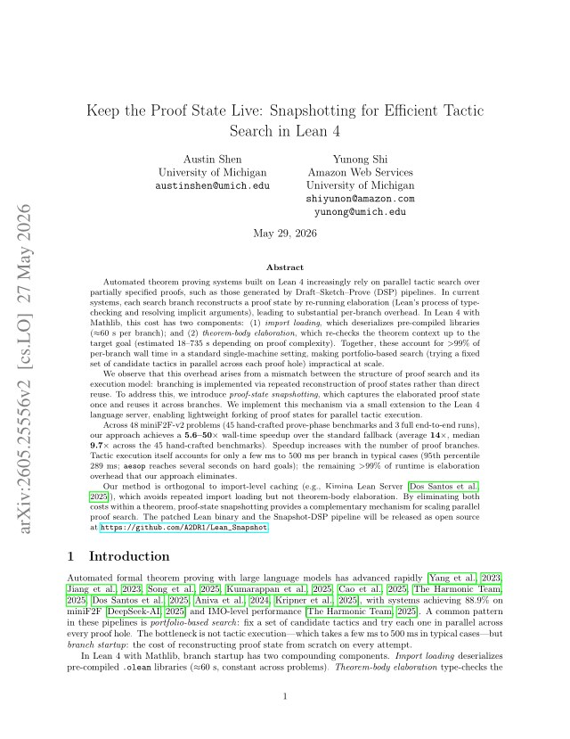 First page of Keep the Proof State Live: Snapshotting for Efficient Tactic Search in Lean 4