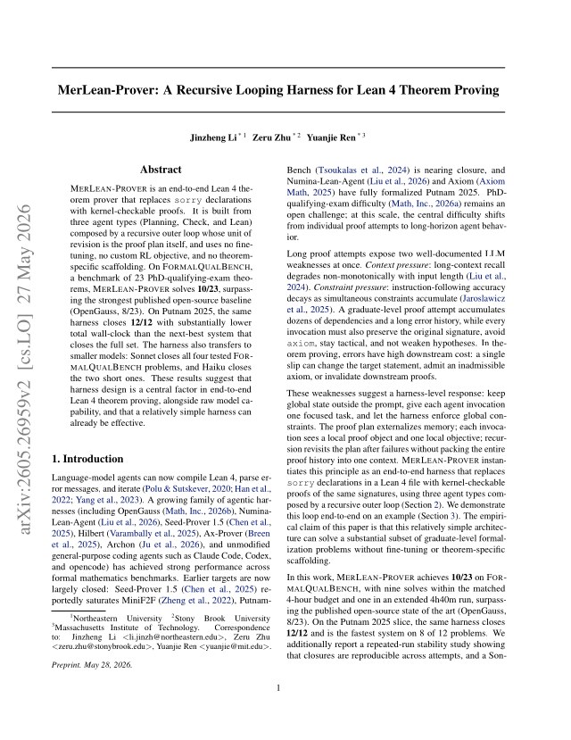 First page of MerLean-Prover: A Recursive Looping Harness for Lean 4 Theorem Proving