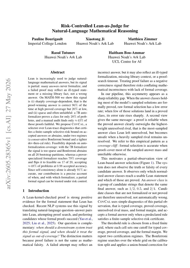 First page of Risk-Controlled Lean-as-Judge for Natural-Language Mathematical Reasoning