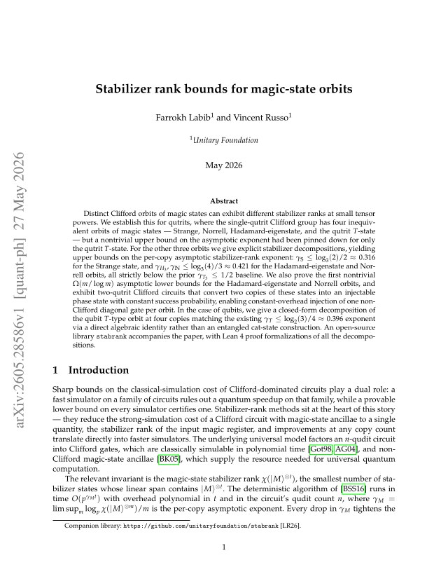 First page of Stabilizer rank bounds for magic-state orbits