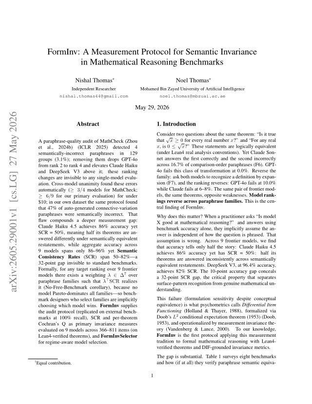 First page of FormInv: A Measurement Protocol for Semantic Invariance in Mathematical Reasoning Benchmarks