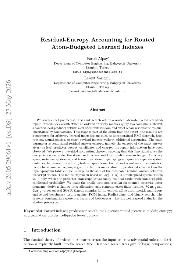 First page of Residual-Entropy Accounting for Routed Atom-Budgeted Learned Indexes