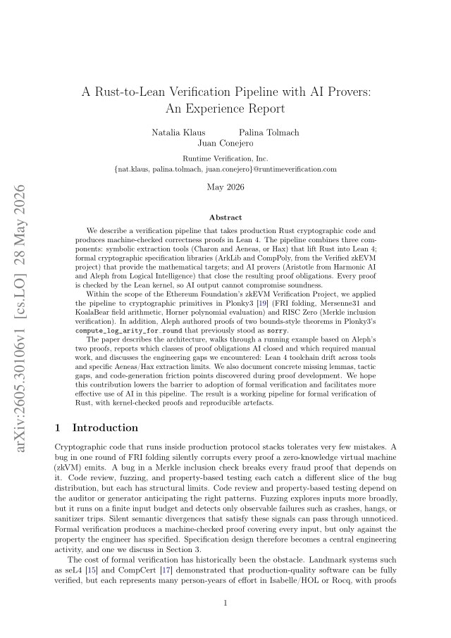First page of A Rust-to-Lean Verification Pipeline with AI Provers: An Experience Report