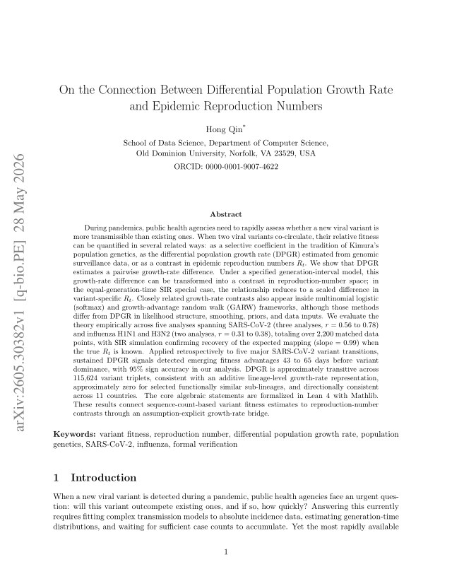 First page of On the Connection Between Differential Population Growth Rate and Epidemic Reproduction Numbers