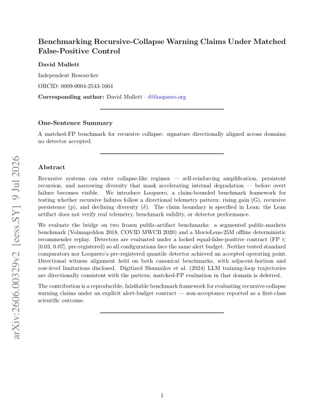 First page of Benchmarking Recursive-Collapse Warning Claims Under Matched False-Positive Control