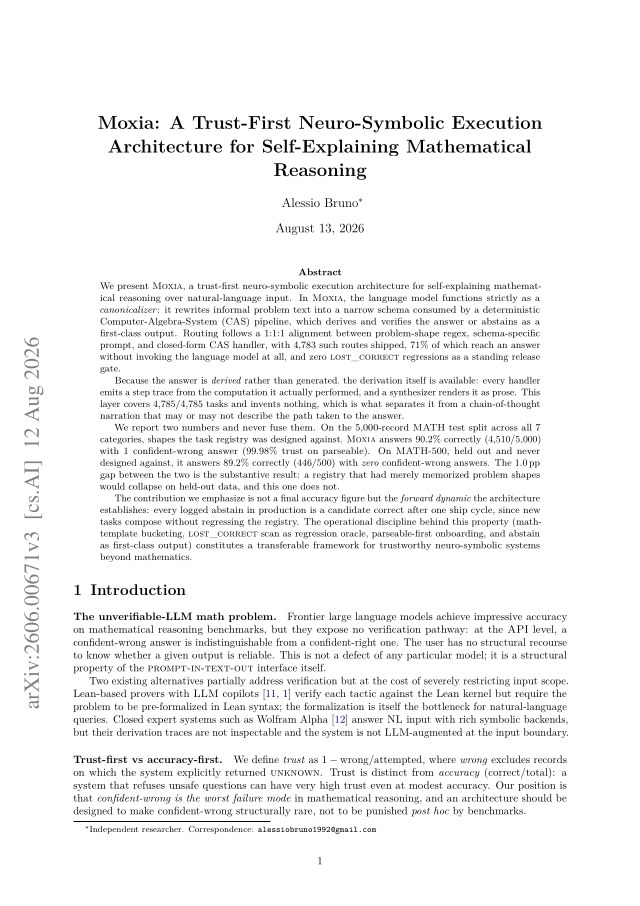 First page of Moxia: A Trust-First Neuro-Symbolic Execution Architecture for Self-Explaining Mathematical Reasoning