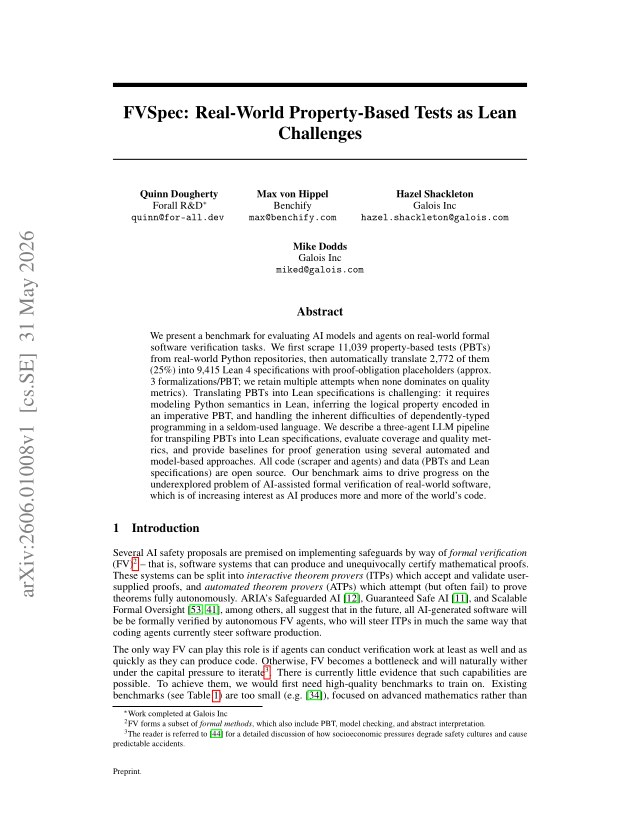 First page of FVSpec: Real-World Property-Based Tests as Lean Challenges