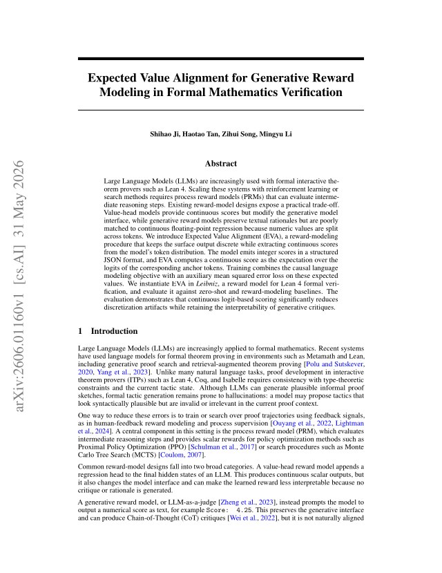 First page of Expected Value Alignment for Generative Reward Modeling in Formal Mathematics Verification