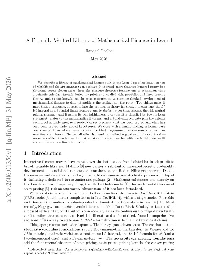 First page of A Formally Verified Library of Mathematical Finance in Lean 4