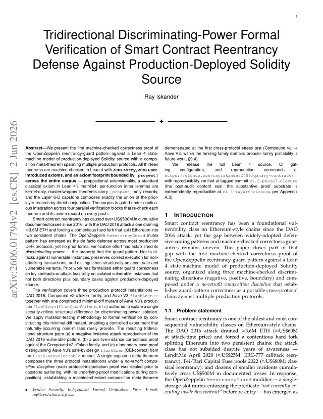 First page of Tridirectional Discriminating-Power Formal Verification of Smart Contract Reentrancy Defense Against Production-Deployed Solidity Source