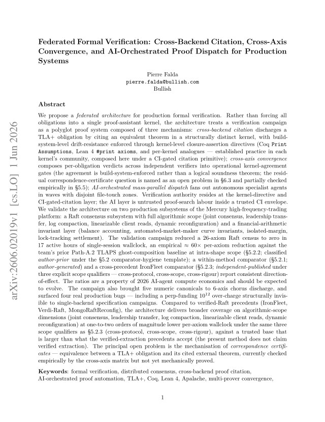 First page of Federated Formal Verification: Cross-Backend Citation, Cross-Axis Convergence, and AI-Orchestrated Proof Dispatch for Production Systems