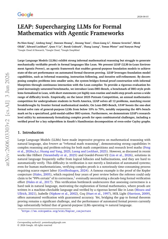First page of LEAP: Supercharging LLMs for Formal Mathematics with Agentic Frameworks