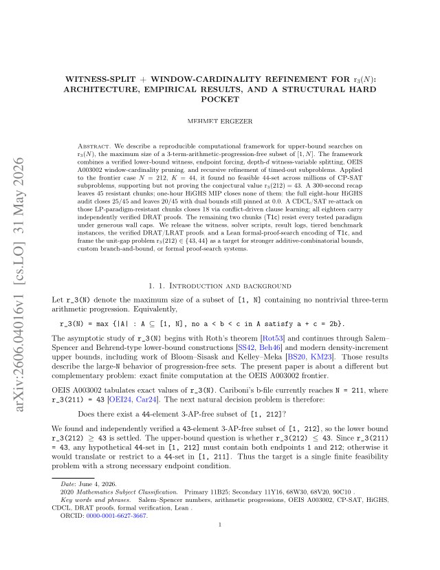 First page of Witness-split + window-cardinality refinement for $r_3(N)$: Architecture, empirical results, and a structural hard pocket
