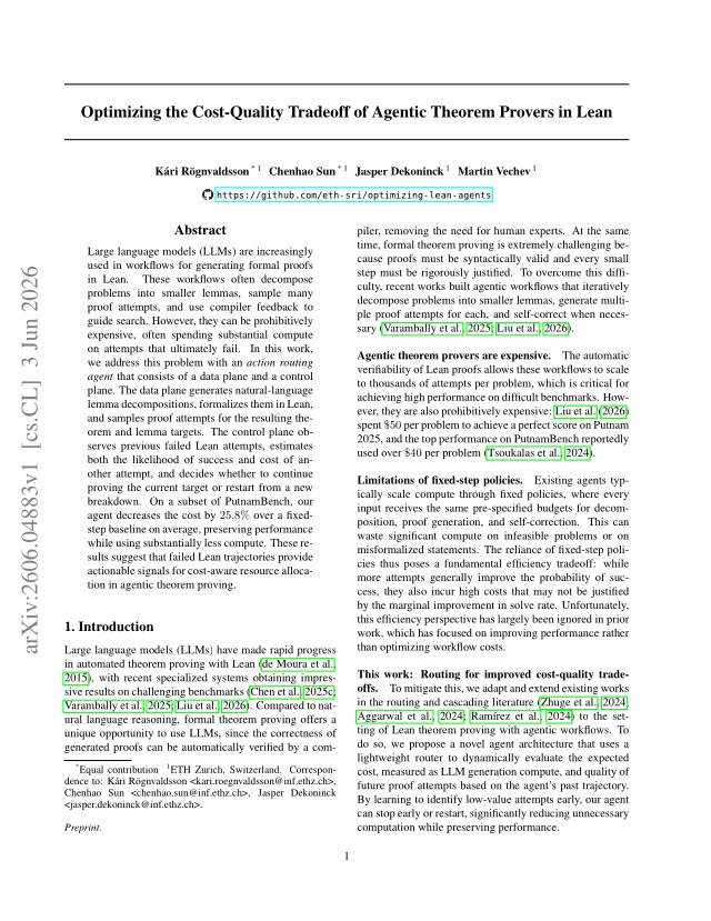 First page of Optimizing the Cost-Quality Tradeoff of Agentic Theorem Provers in Lean