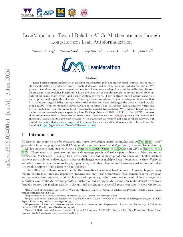 First page of LeanMarathon: Toward Reliable AI Co-Mathematicians through Long-Horizon Lean Autoformalization