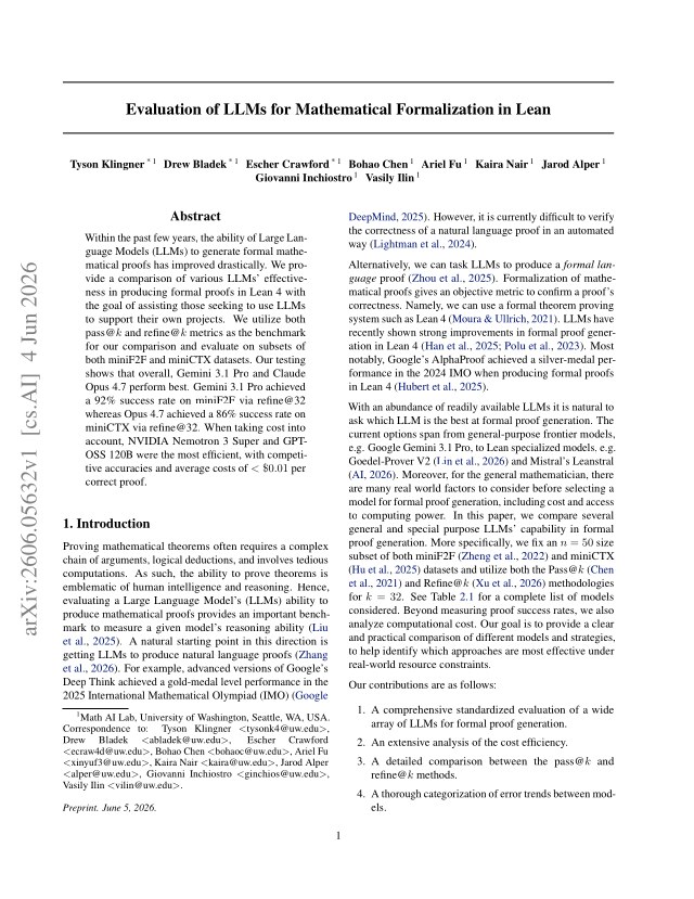 First page of Evaluation of LLMs for Mathematical Formalization in Lean