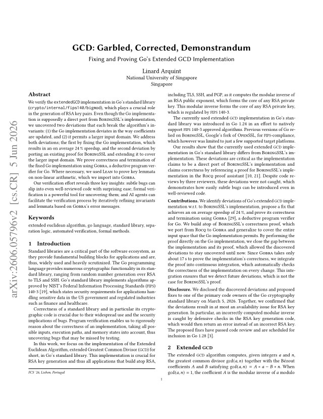 First page of GCD: Garbled, Corrected, Demonstrandum -- Fixing and Proving Go's Extended GCD Implementation