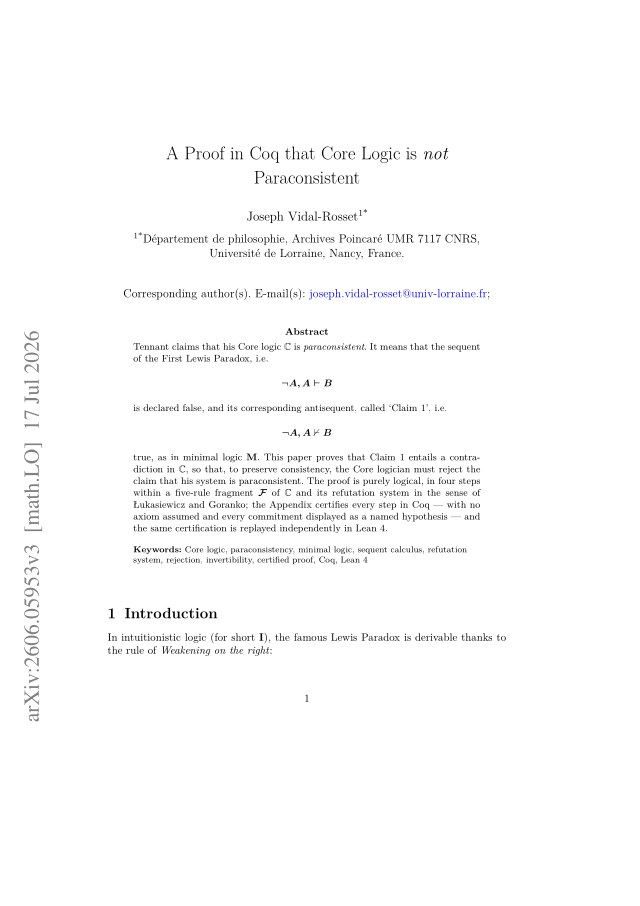 First page of A Proof in Coq that Core Logic is not Paraconsistent