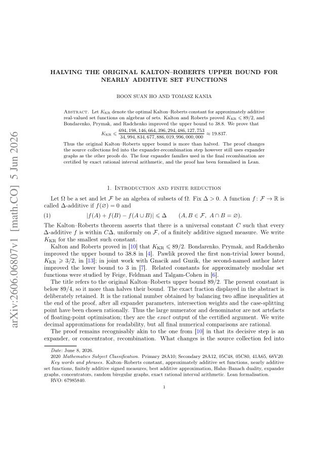 First page of Halving the original Kalton--Roberts upper bound for nearly additive set functions