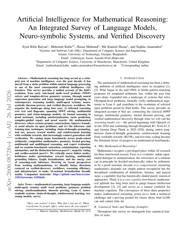 First page of Artificial Intelligence for Mathematical Reasoning: An Integrated Survey of Language Models, Neuro-symbolic Systems, and Verified Discovery